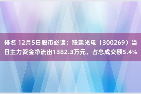 排名 12月5日股市必读：联建光电（300269）当日主力资金净流出1382.3万元，占总成交额5.4%